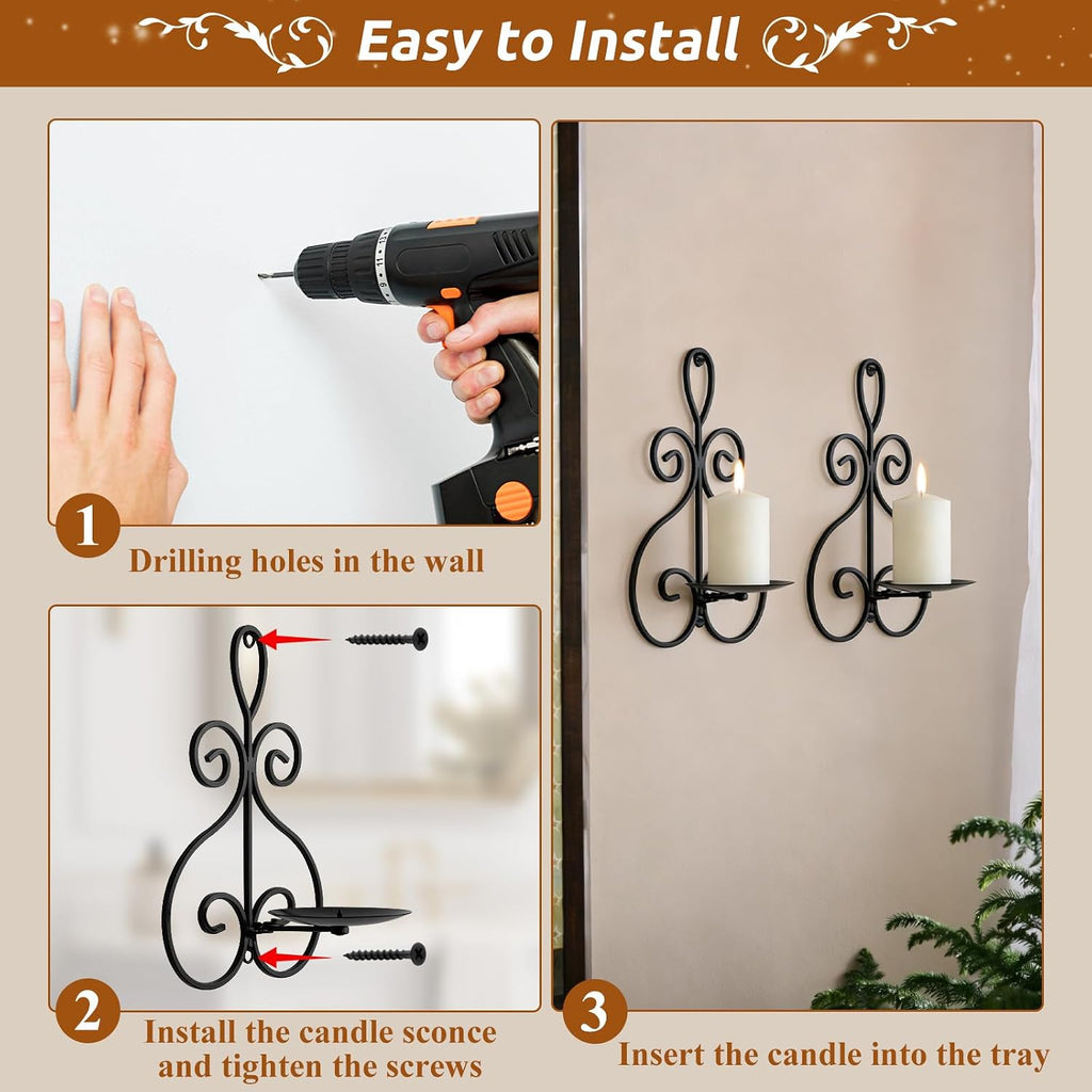 Wall Candle Sconces Set of 2, Metal Wall Candle Holders, Home Decor, Black | Double Scroll Pattern, for Living Room, Dining Room, Bedroom, Easy-Mount, Hold Pillar & Electronic Candles, Gifts for Mom Dad