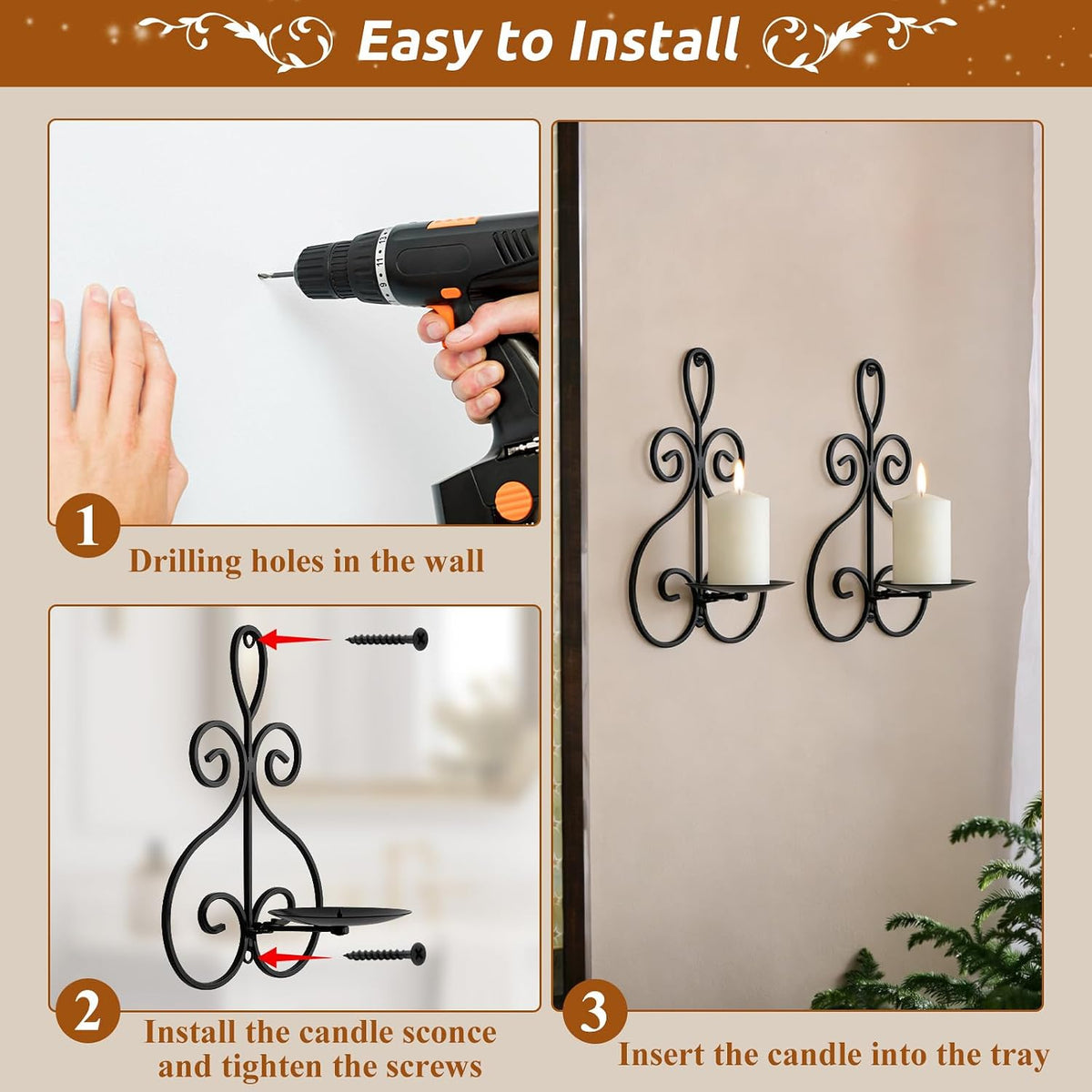 Wall Candle Sconces Set of 2, Metal Wall Candle Holders, Home Decor, Black | Double Scroll Pattern, for Living Room, Dining Room, Bedroom, Easy-Mount, Hold Pillar & Electronic Candles, Gifts for Mom Dad