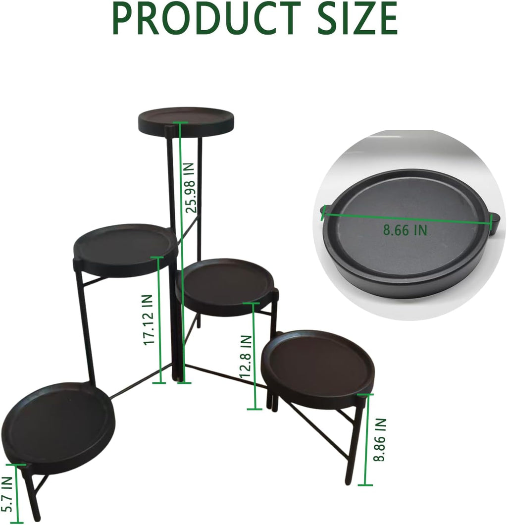 Plant Stand Indoor Outdoor, 5 Tier Corner Plant Shelf, Folding Metal Plant Stand for Living Room Office Garden Patio Balcony Black