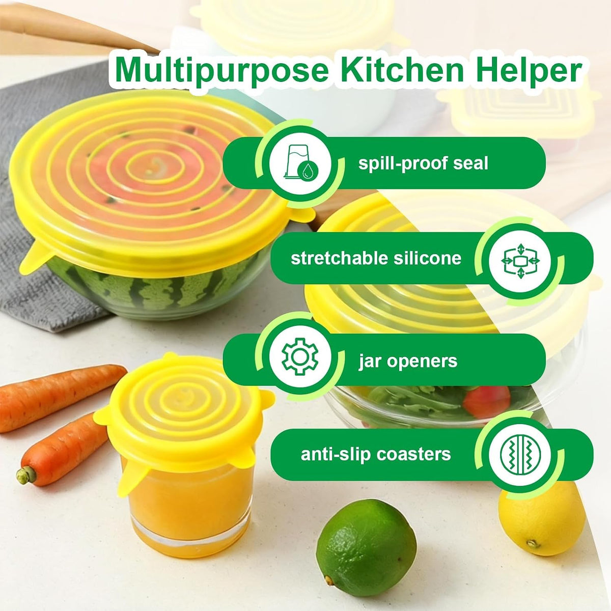 Silicone Stretch Lids – 6 Pack Reusable Food Covers,Flexible Silicone for Bowls, Containers, Fruits – Airtight & Leakproof Seal for Kitchen Storage(Yellow)