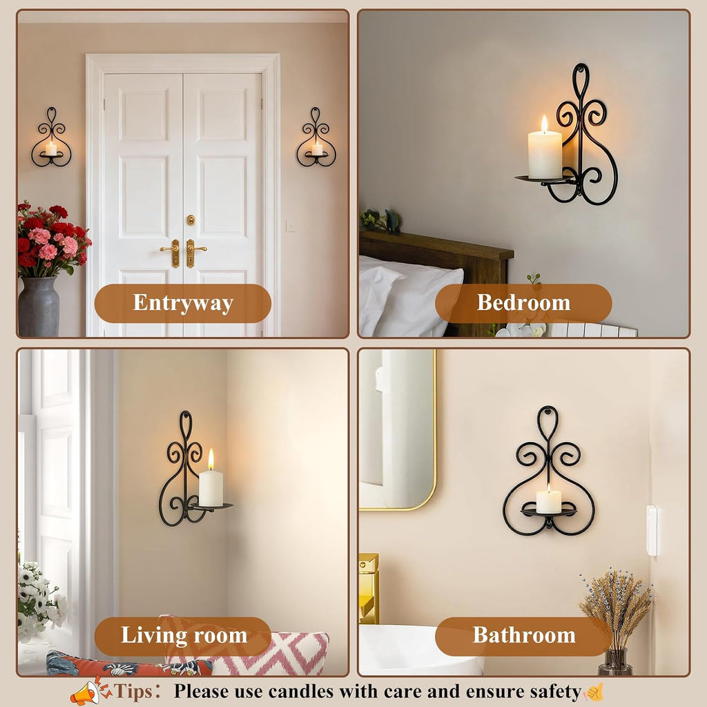 Wall Candle Sconces Set of 2, Metal Wall Candle Holders, Home Decor, Black | Double Scroll Pattern, for Living Room, Dining Room, Bedroom, Easy-Mount, Hold Pillar & Electronic Candles, Gifts for Mom Dad