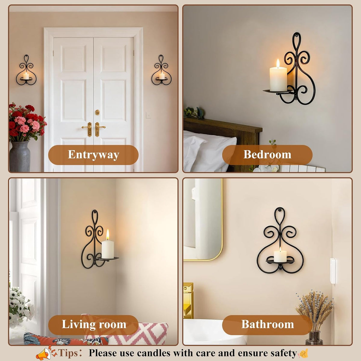 Wall Candle Sconces Set of 2, Metal Wall Candle Holders, Home Decor, Black | Double Scroll Pattern, for Living Room, Dining Room, Bedroom, Easy-Mount, Hold Pillar & Electronic Candles, Gifts for Mom Dad