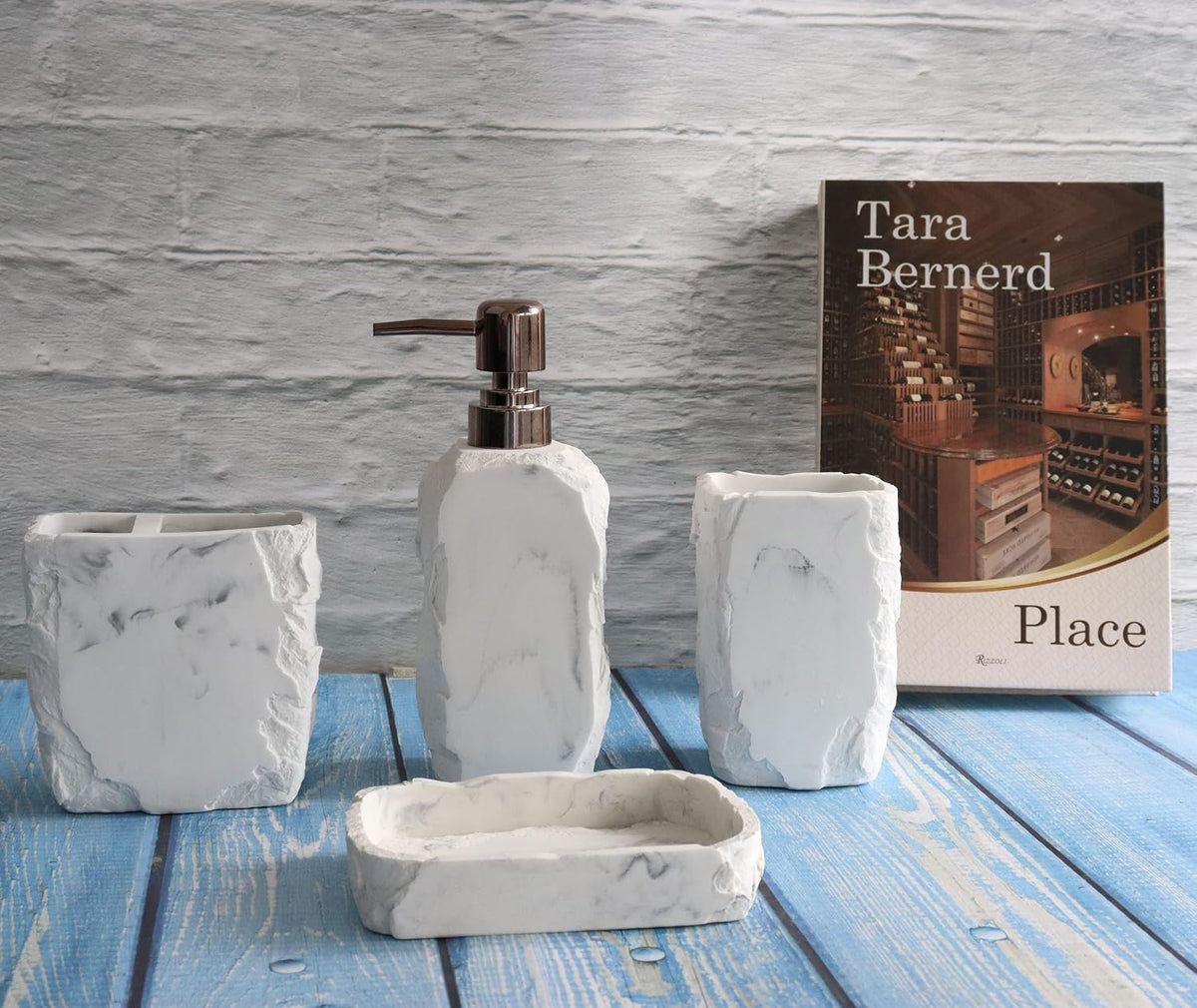 Marble Bathroom Accessories Set,Marble Design Toothbrush Holder,Farmhouse Bathroom Decor,4 Pcs Resin Gift Set Apartment Necessities, Contain Toothbrush Cup,Soap Dispenser,Soap Dish,Tumbler