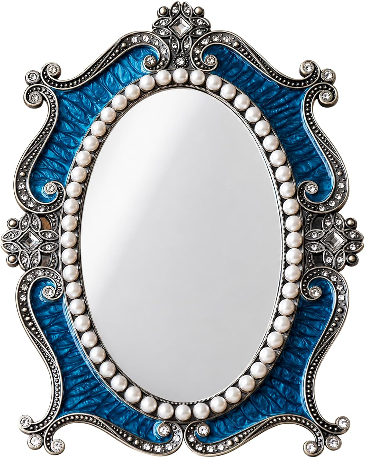 Vintage Desk Mirror Vanity Decor - Antique Small Table Decorative, Blue S | Art Nouveau with Stand, Cute Retro Frame, for Tabletop Office Bedroom Furniture Room Bathroom Home Wall Dresser Accessories