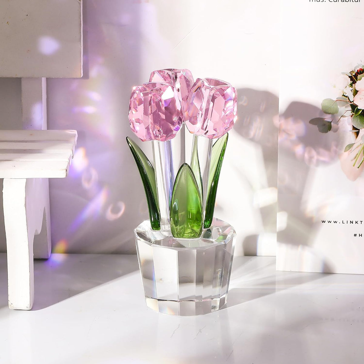 Crystal Tulips Flowers Figurine Pink with Vase - Glass Flower Bouquet Collectible Figurines Crystal Office Home Decor Paperweight - Tulip Gifts for Women Mom Bestfriend Wedding Anniversary