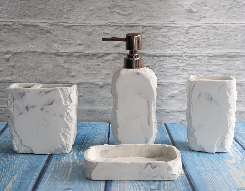 Marble Bathroom Accessories Set,Marble Design Toothbrush Holder,Farmhouse Bathroom Decor,4 Pcs Resin Gift Set Apartment Necessities, Contain Toothbrush Cup,Soap Dispenser,Soap Dish,Tumbler