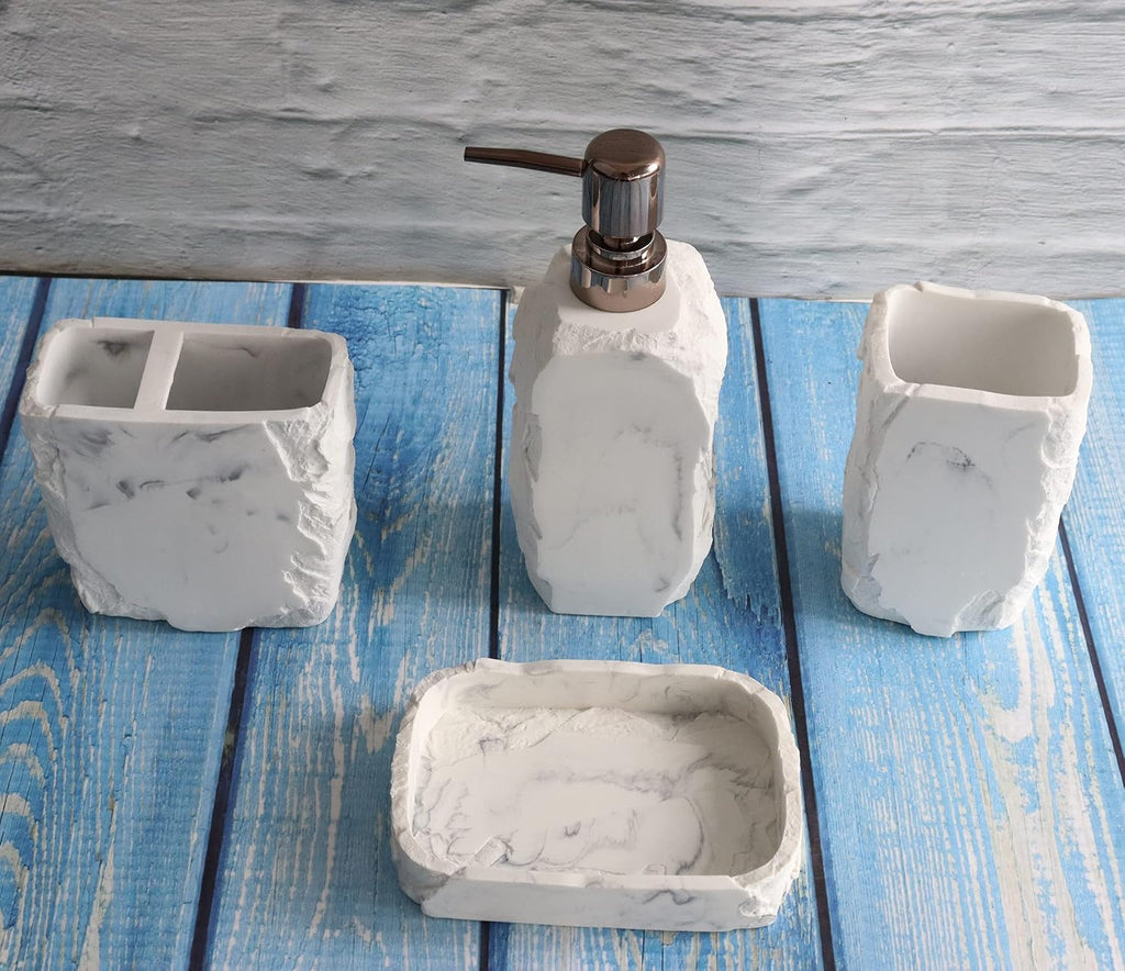 Marble Bathroom Accessories Set,Marble Design Toothbrush Holder,Farmhouse Bathroom Decor,4 Pcs Resin Gift Set Apartment Necessities, Contain Toothbrush Cup,Soap Dispenser,Soap Dish,Tumbler