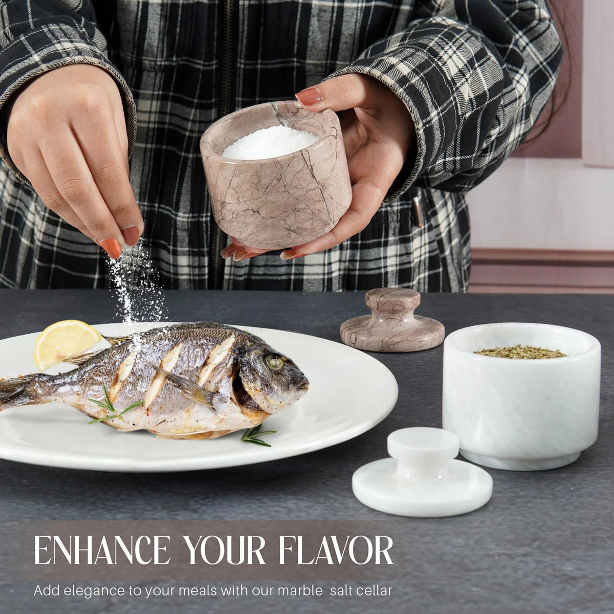 Marble Salt Cellar with Lid 3 Inches White and Marinara Handmade Salt Box Set of 2, Spice Jar for Kitchen Counter, Salt Holder, Sugar Bowl, Salt Dish, Salt Container for Housewarming Gift