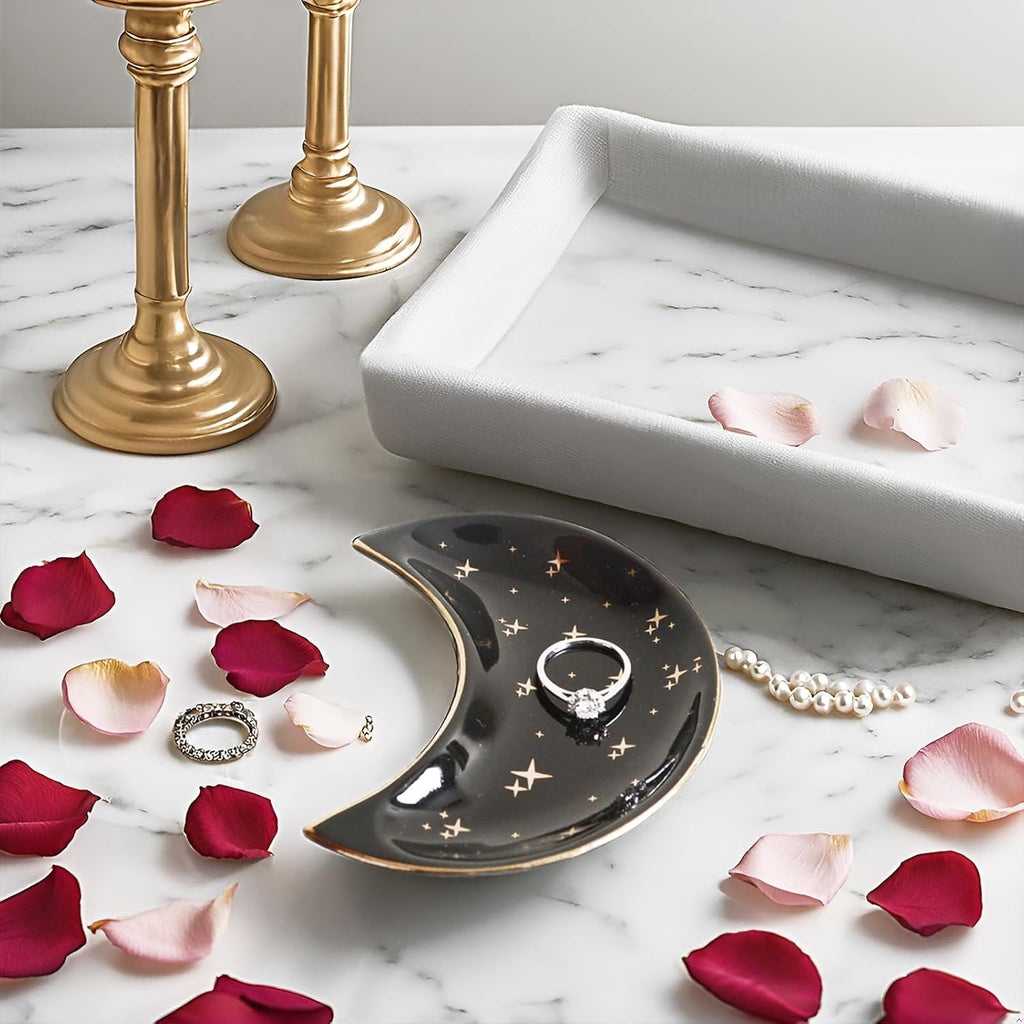Small Moon Jewelry Dish Tray, Decorative Ceramic Trinket Dish, Modern Accent Tray for Vanity, Black