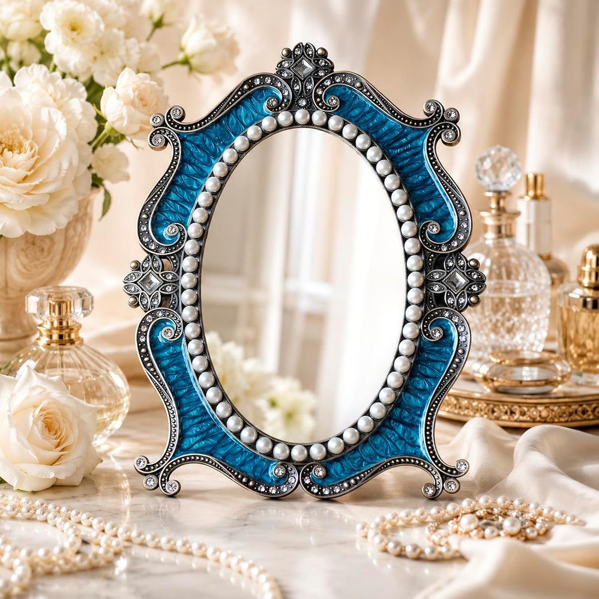 Vintage Desk Mirror Vanity Decor - Antique Small Table Decorative, Blue S | Art Nouveau with Stand, Cute Retro Frame, for Tabletop Office Bedroom Furniture Room Bathroom Home Wall Dresser Accessories