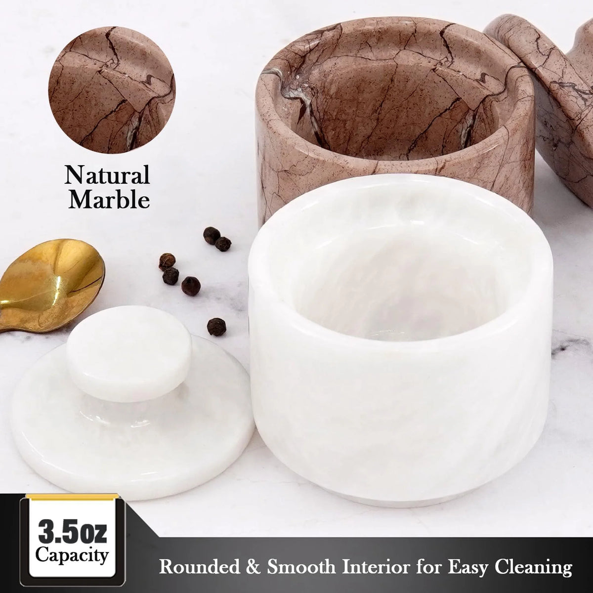 Marble Salt Cellar with Lid 3 Inches White and Marinara Handmade Salt Box Set of 2, Spice Jar for Kitchen Counter, Salt Holder, Sugar Bowl, Salt Dish, Salt Container for Housewarming Gift