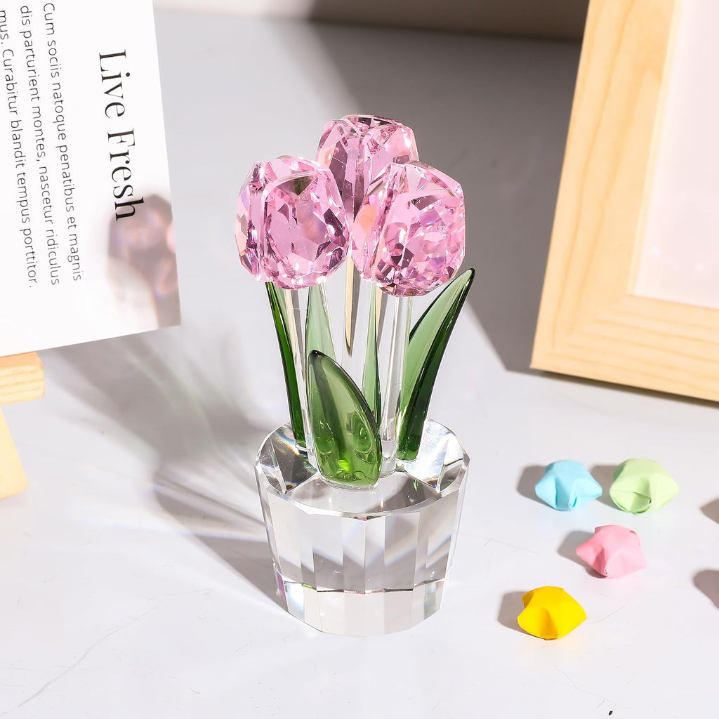Crystal Tulips Flowers Figurine Pink with Vase - Glass Flower Bouquet Collectible Figurines Crystal Office Home Decor Paperweight - Tulip Gifts for Women Mom Bestfriend Wedding Anniversary