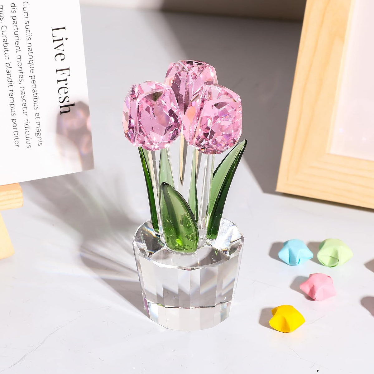 Crystal Tulips Flowers Figurine Pink with Vase - Glass Flower Bouquet Collectible Figurines Crystal Office Home Decor Paperweight - Tulip Gifts for Women Mom Bestfriend Wedding Anniversary