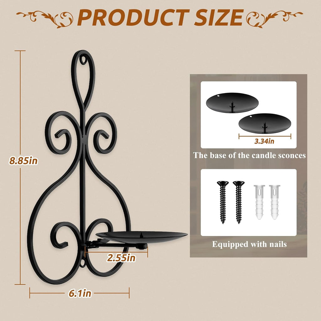 Wall Candle Sconces Set of 2, Metal Wall Candle Holders, Home Decor, Black | Double Scroll Pattern, for Living Room, Dining Room, Bedroom, Easy-Mount, Hold Pillar & Electronic Candles, Gifts for Mom Dad