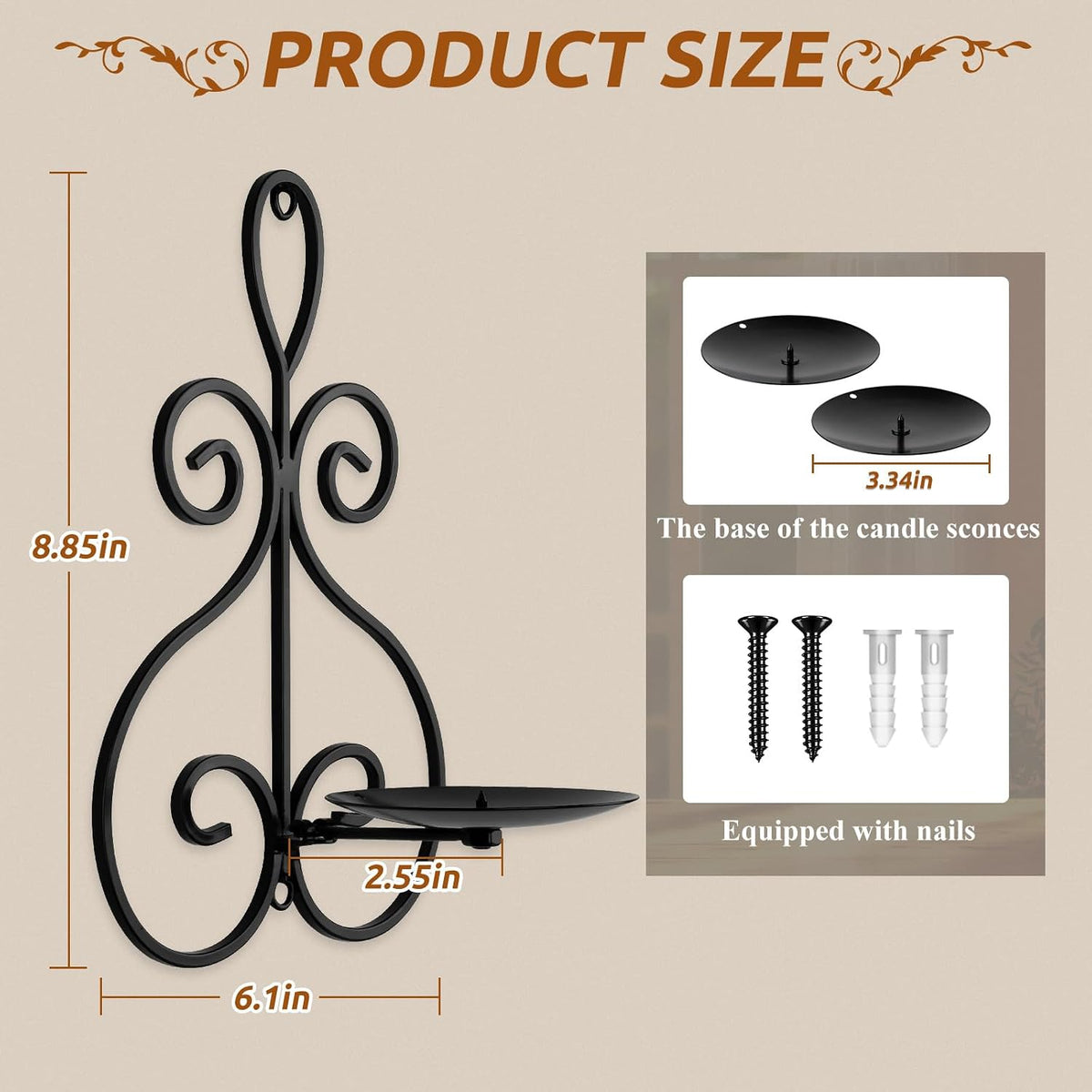 Wall Candle Sconces Set of 2, Metal Wall Candle Holders, Home Decor, Black | Double Scroll Pattern, for Living Room, Dining Room, Bedroom, Easy-Mount, Hold Pillar & Electronic Candles, Gifts for Mom Dad