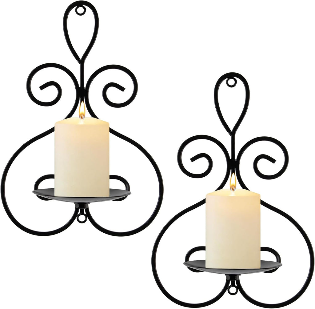 Wall Candle Sconces Set of 2, Metal Wall Candle Holders, Home Decor, Black | Double Scroll Pattern, for Living Room, Dining Room, Bedroom, Easy-Mount, Hold Pillar & Electronic Candles, Gifts for Mom Dad