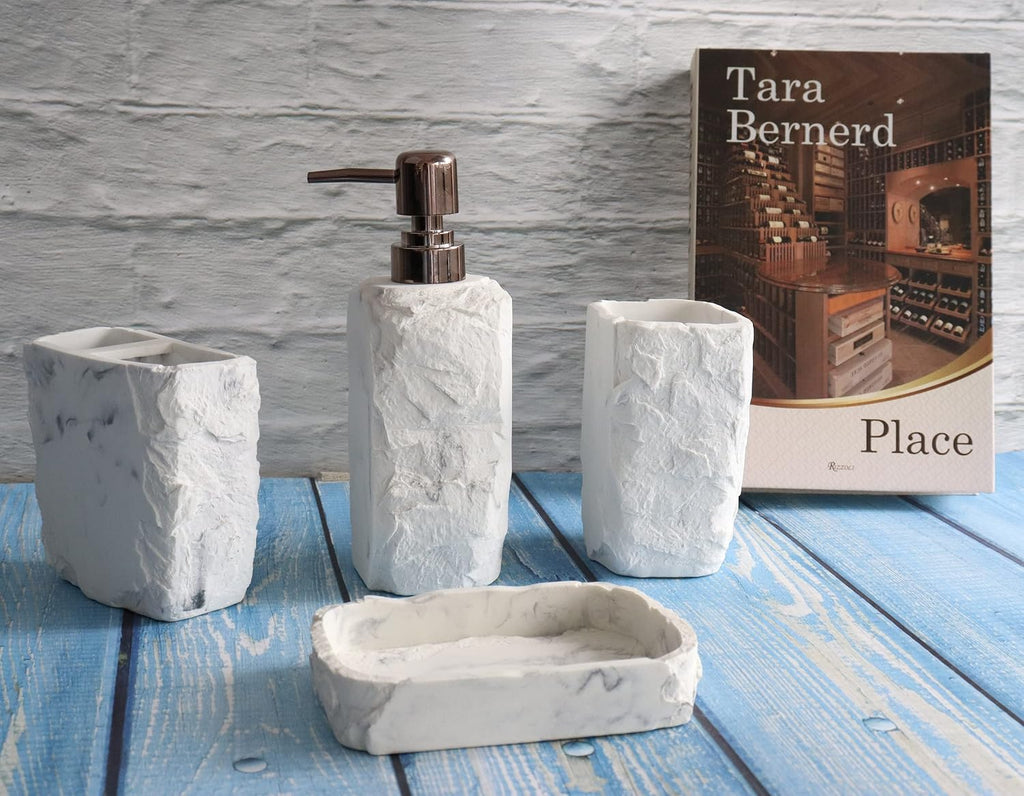 Marble Bathroom Accessories Set,Marble Design Toothbrush Holder,Farmhouse Bathroom Decor,4 Pcs Resin Gift Set Apartment Necessities, Contain Toothbrush Cup,Soap Dispenser,Soap Dish,Tumbler