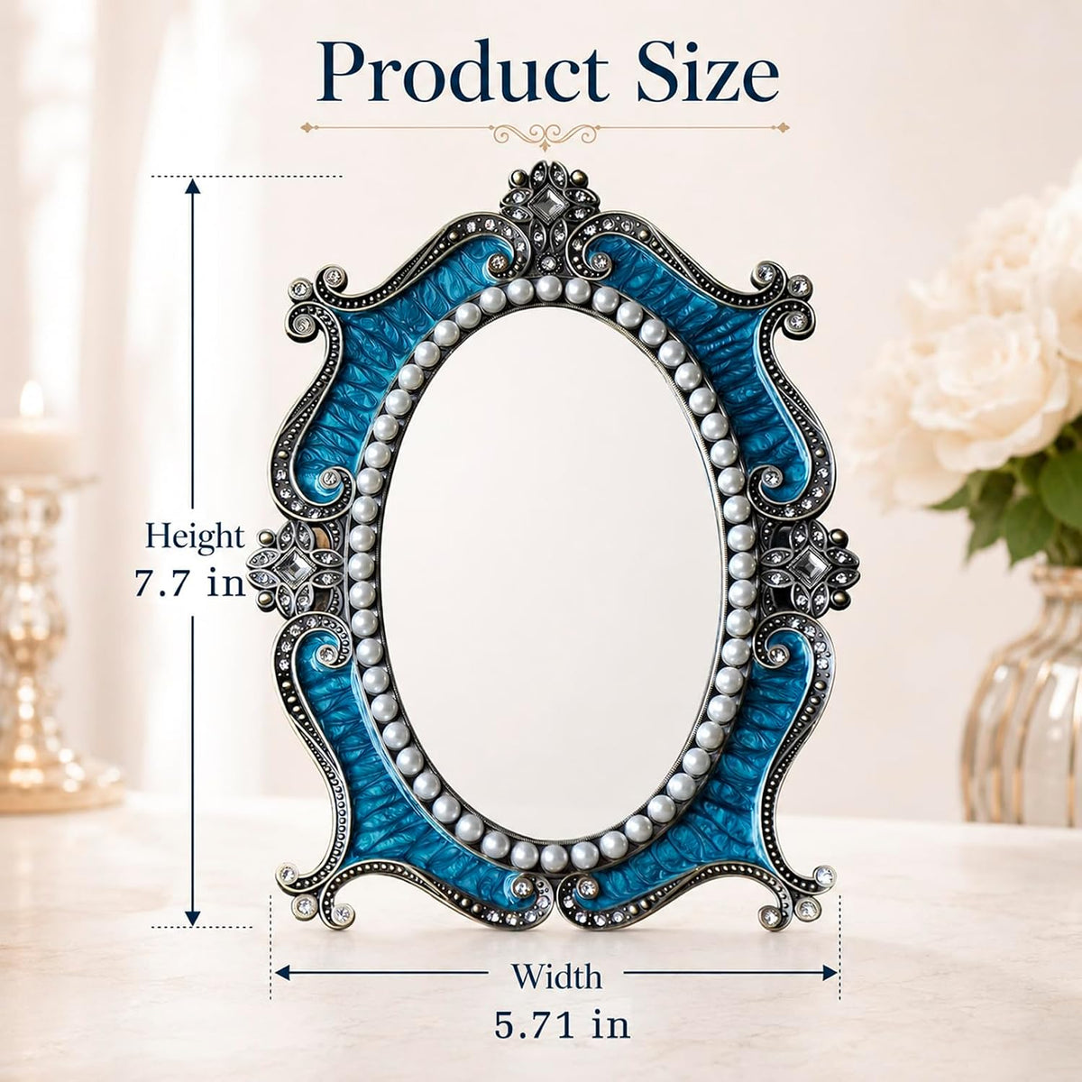 Vintage Desk Mirror Vanity Decor - Antique Small Table Decorative, Blue S | Art Nouveau with Stand, Cute Retro Frame, for Tabletop Office Bedroom Furniture Room Bathroom Home Wall Dresser Accessories
