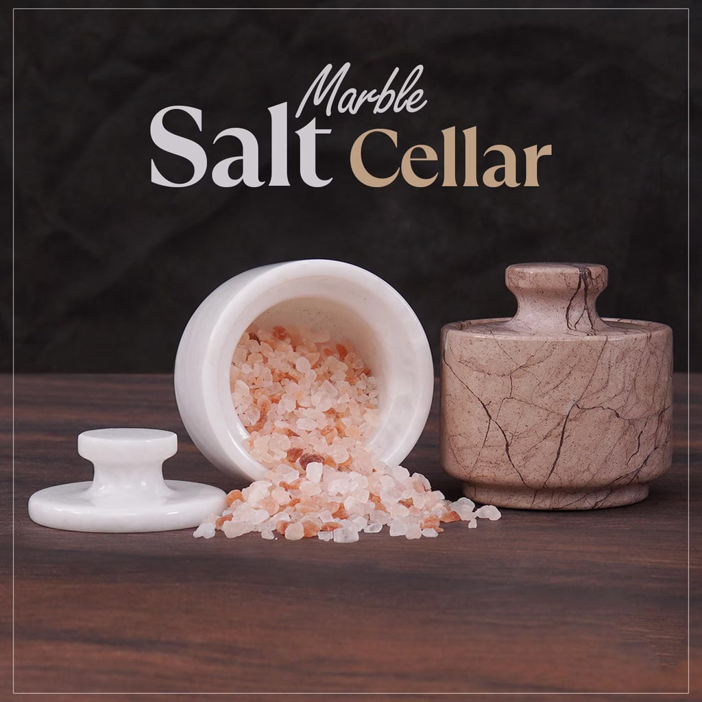 Marble Salt Cellar with Lid 3 Inches White and Marinara Handmade Salt Box Set of 2, Spice Jar for Kitchen Counter, Salt Holder, Sugar Bowl, Salt Dish, Salt Container for Housewarming Gift