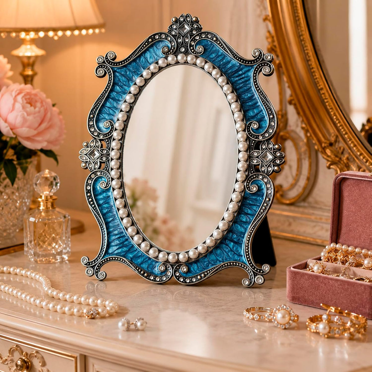 Vintage Desk Mirror Vanity Decor - Antique Small Table Decorative, Blue S | Art Nouveau with Stand, Cute Retro Frame, for Tabletop Office Bedroom Furniture Room Bathroom Home Wall Dresser Accessories