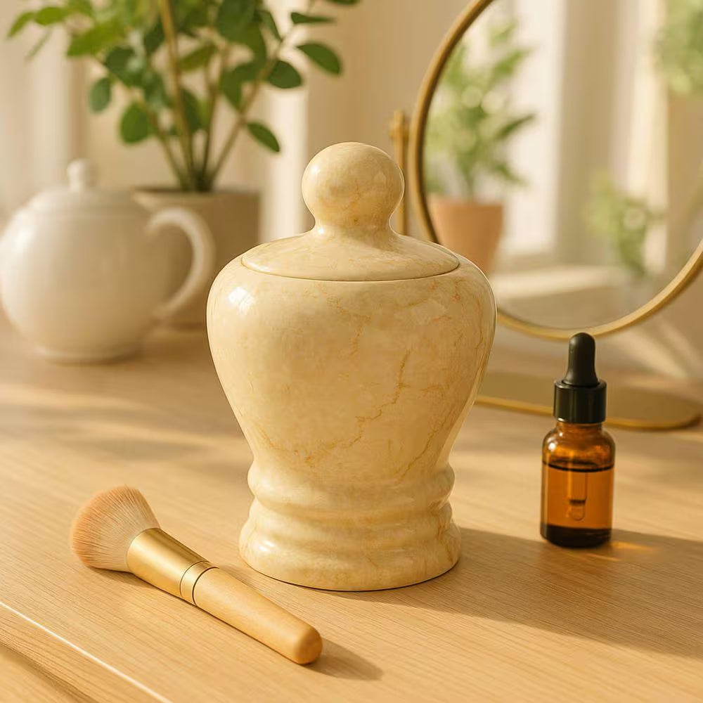 Natural Champagne Marble Aladdin Collection Cotton Ball Holder, Swab Q-Tip Holder, Bathroom Storage Jar Canister