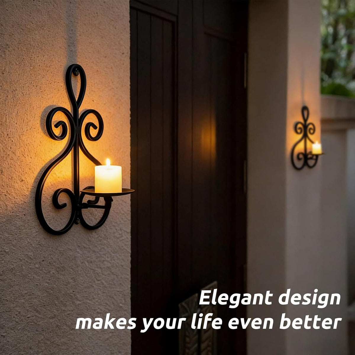 Wall Candle Sconces Set of 2, Metal Wall Candle Holders, Home Decor, Black | Double Scroll Pattern, for Living Room, Dining Room, Bedroom, Easy-Mount, Hold Pillar & Electronic Candles, Gifts for Mom Dad