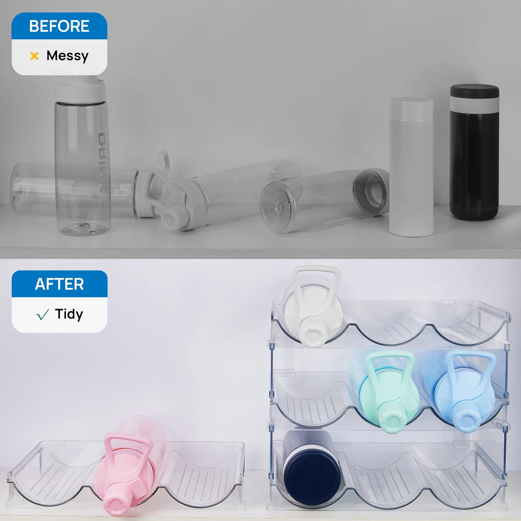 4 Pack Stackable Bottle Holder Storage Rack, Plastic Water Bottle Organizer, Clear
