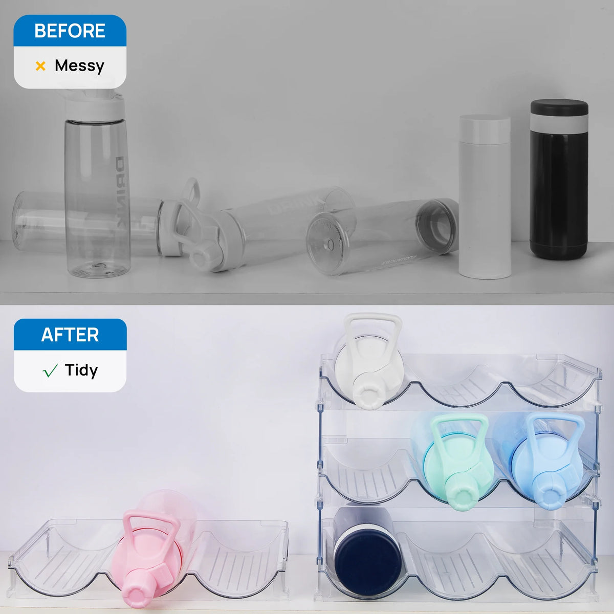 4 Pack Stackable Bottle Holder Storage Rack, Plastic Water Bottle Organizer, Clear