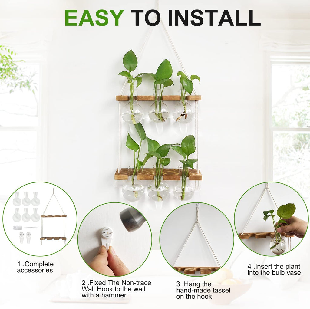 Plant Propagation Station Wall Hanging with 2 Tiered Wooden Stand | Plant Terrarium for Hydroponics Plants, Unique Gardening Gifts for Women Mom Plants Lovers - 6 Bulb Glass Vases