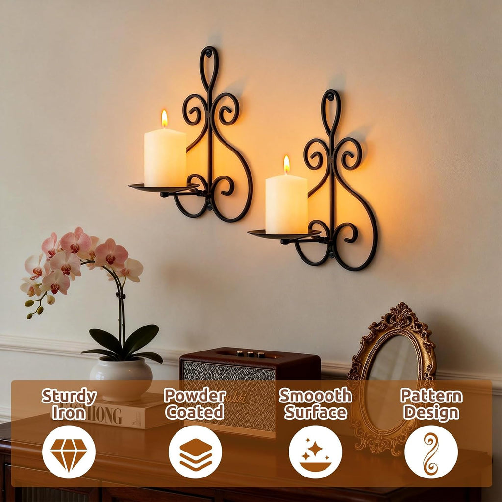 Wall Candle Sconces Set of 2, Metal Wall Candle Holders, Home Decor, Black | Double Scroll Pattern, for Living Room, Dining Room, Bedroom, Easy-Mount, Hold Pillar & Electronic Candles, Gifts for Mom Dad