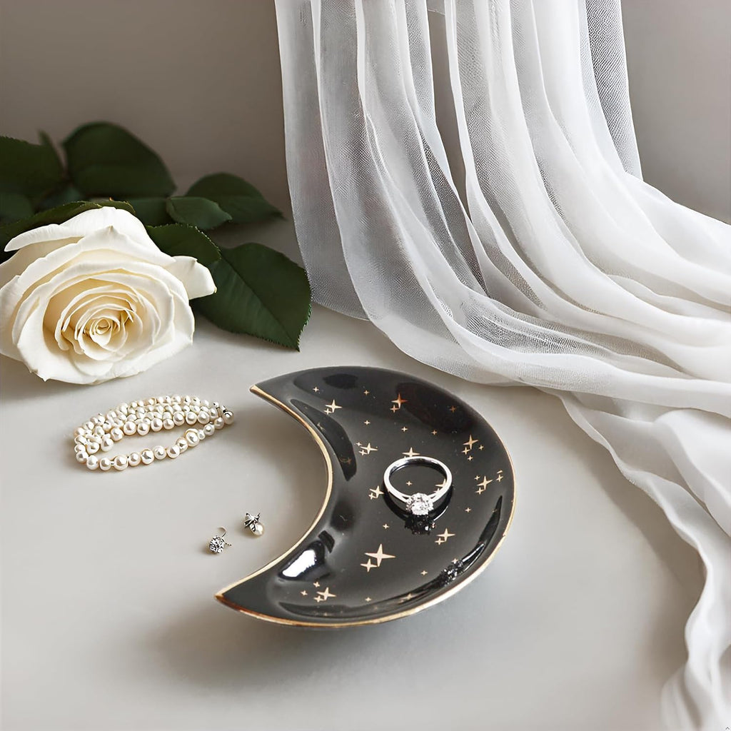 Small Moon Jewelry Dish Tray, Decorative Ceramic Trinket Dish, Modern Accent Tray for Vanity, Black