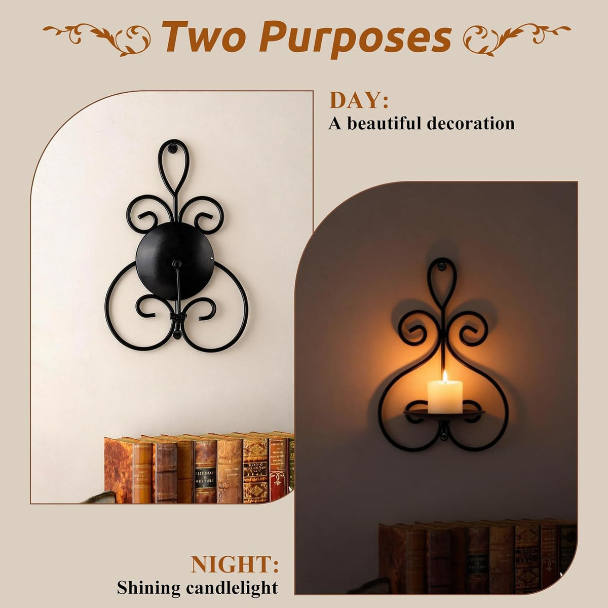 Wall Candle Sconces Set of 2, Metal Wall Candle Holders, Home Decor, Black | Double Scroll Pattern, for Living Room, Dining Room, Bedroom, Easy-Mount, Hold Pillar & Electronic Candles, Gifts for Mom Dad