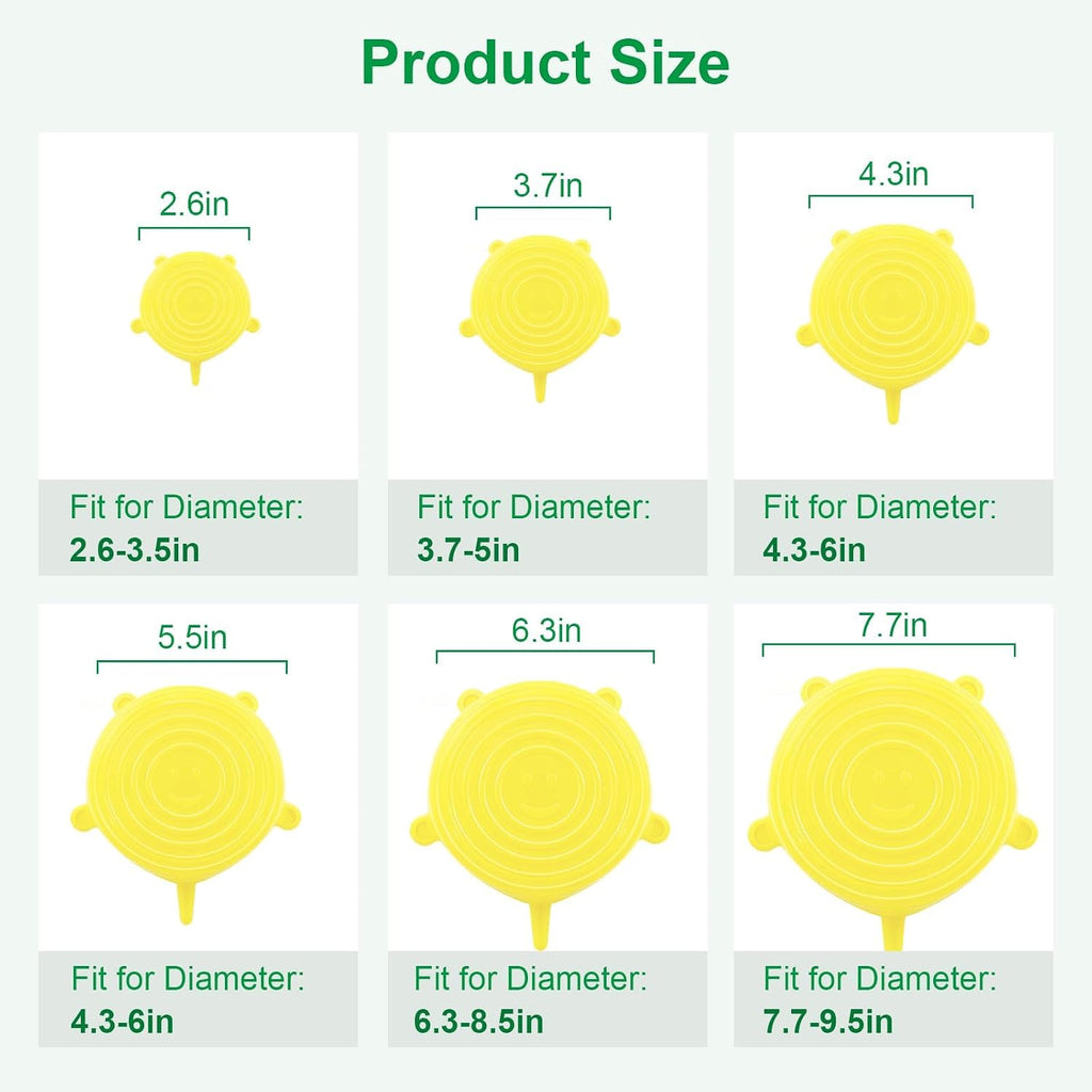 Silicone Stretch Lids – 6 Pack Reusable Food Covers,Flexible Silicone for Bowls, Containers, Fruits – Airtight & Leakproof Seal for Kitchen Storage(Yellow)