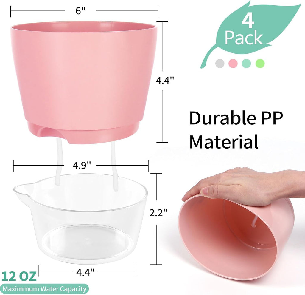 4 Pcs Self Watering Plant Pot , 6 Inch Plant Pot with Drainage Hole and Large Capacity Reservoir, Pots for Plants with Saucer, 2 in 1 Indoor Plant Pots Indoor Perfect for Living Room, Odorless