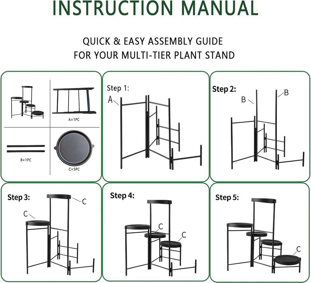 Plant Stand Indoor Outdoor, 5 Tier Corner Plant Shelf, Folding Metal Plant Stand for Living Room Office Garden Patio Balcony Black