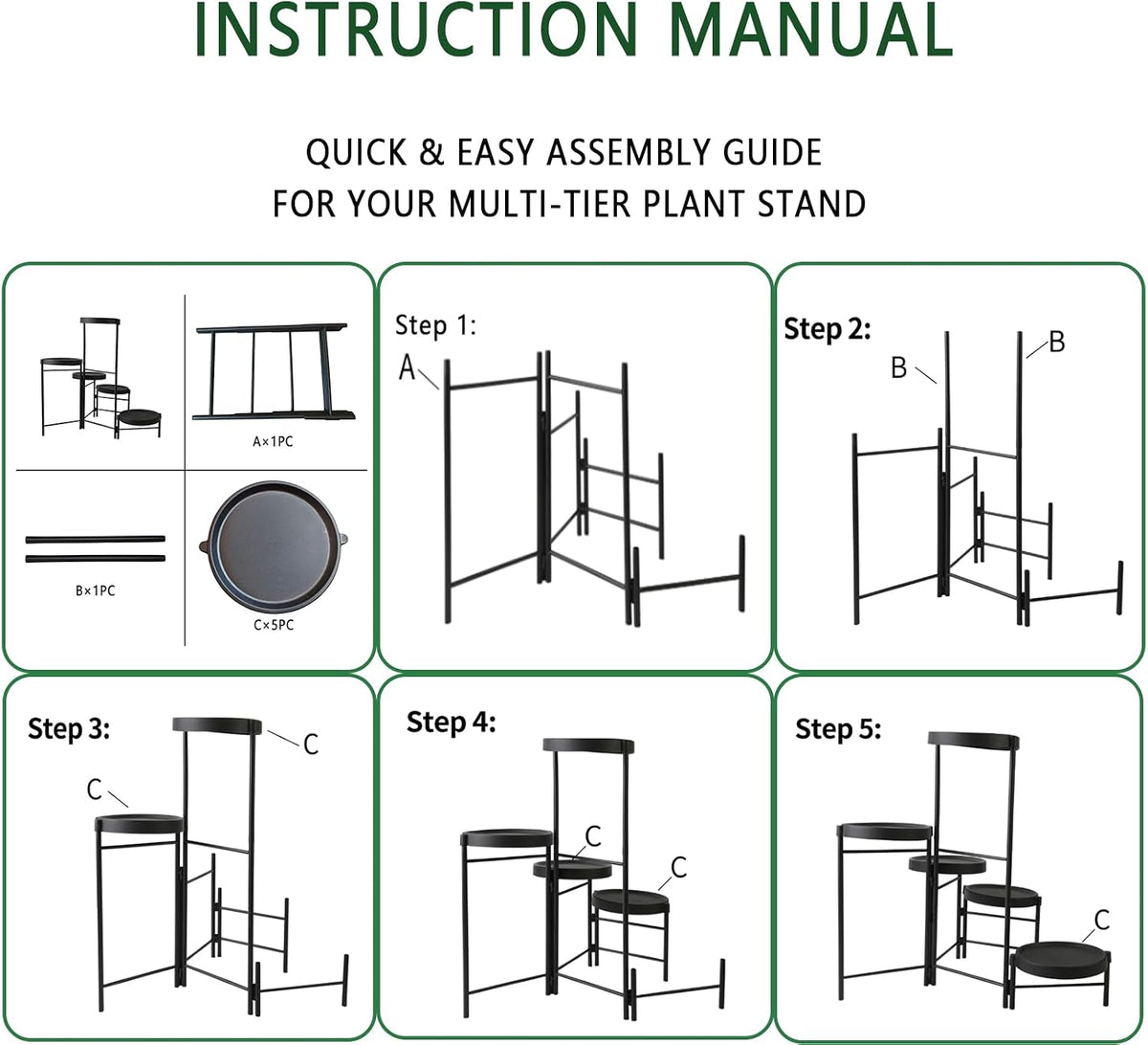 Plant Stand Indoor Outdoor, 5 Tier Corner Plant Shelf, Folding Metal Plant Stand for Living Room Office Garden Patio Balcony Black