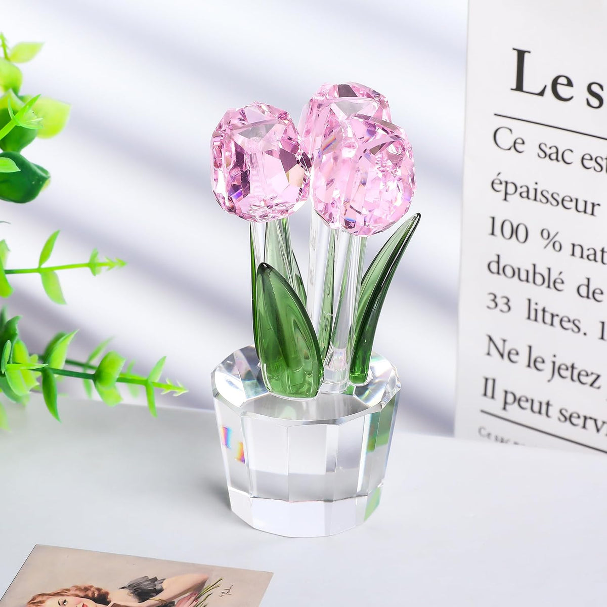 Crystal Tulips Flowers Figurine Pink with Vase - Glass Flower Bouquet Collectible Figurines Crystal Office Home Decor Paperweight - Tulip Gifts for Women Mom Bestfriend Wedding Anniversary