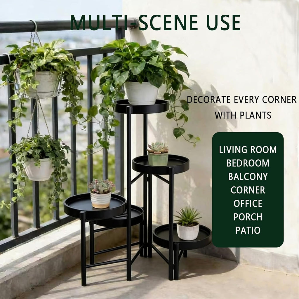 Plant Stand Indoor Outdoor, 5 Tier Corner Plant Shelf, Folding Metal Plant Stand for Living Room Office Garden Patio Balcony Black