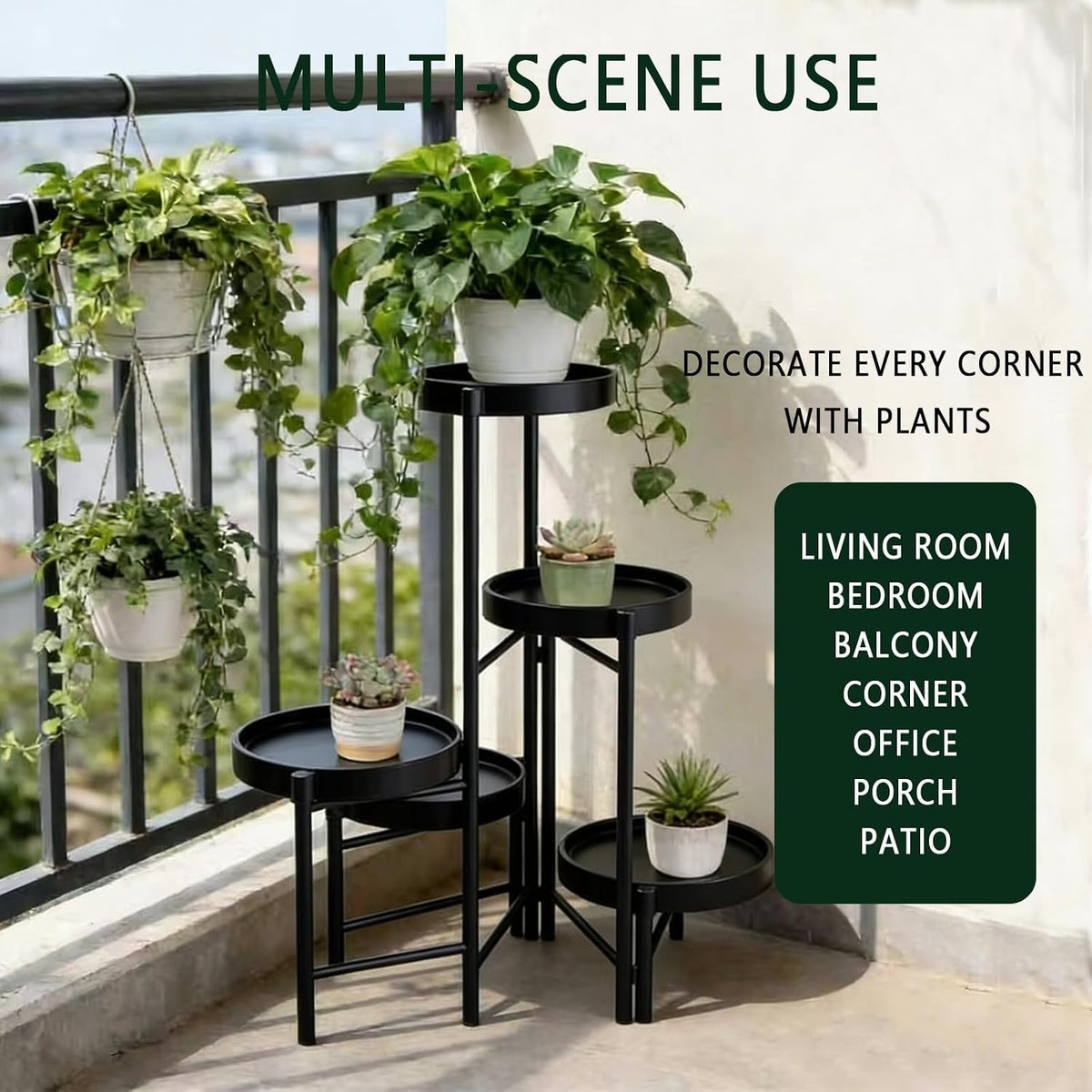 Plant Stand Indoor Outdoor, 5 Tier Corner Plant Shelf, Folding Metal Plant Stand for Living Room Office Garden Patio Balcony Black