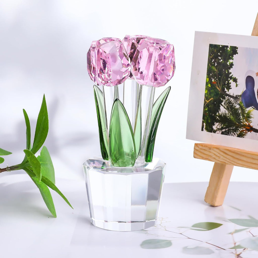Crystal Tulips Flowers Figurine Pink with Vase - Glass Flower Bouquet Collectible Figurines Crystal Office Home Decor Paperweight - Tulip Gifts for Women Mom Bestfriend Wedding Anniversary