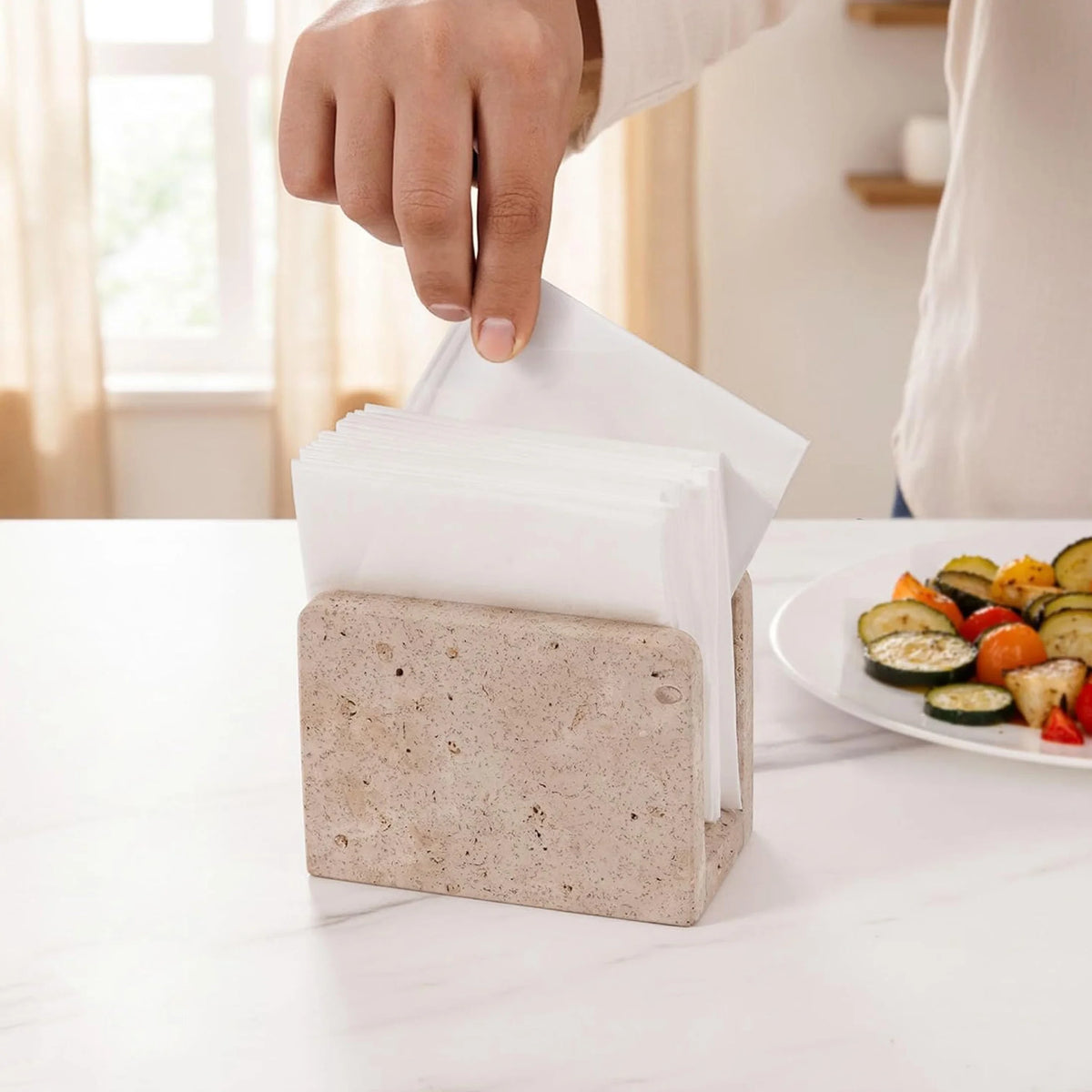 Marble Mini Napkin Holder 3 Inch Travertine Serviette Holder, Kitchen Table Top Decor, Napkins for Coffee Table, Cocktail Napkin Holder