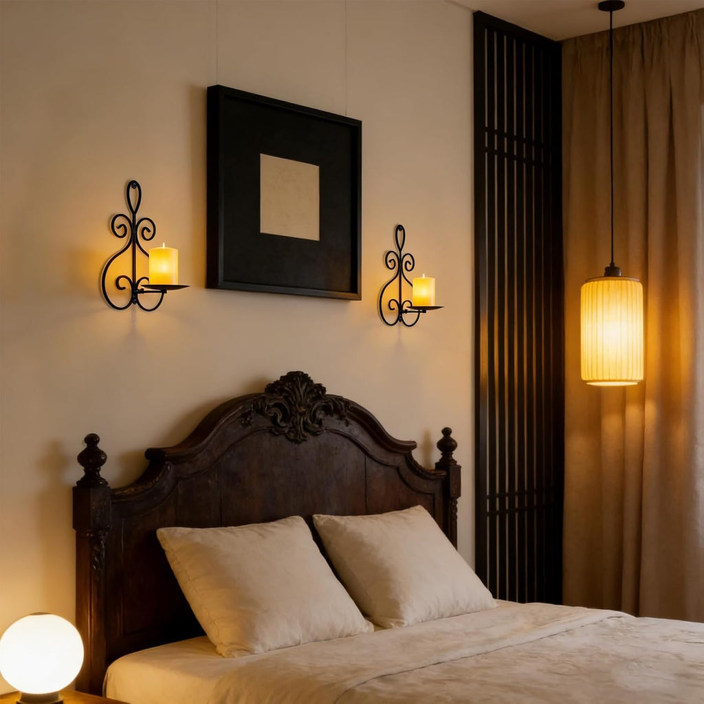 Wall Candle Sconces Set of 2, Metal Wall Candle Holders, Home Decor, Black | Double Scroll Pattern, for Living Room, Dining Room, Bedroom, Easy-Mount, Hold Pillar & Electronic Candles, Gifts for Mom Dad