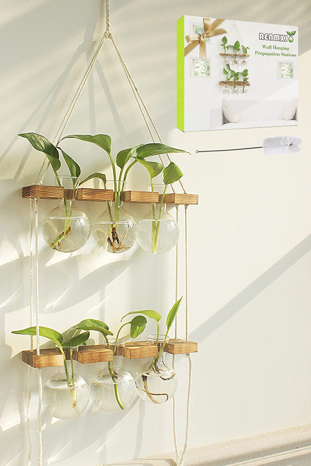 Plant Propagation Station Wall Hanging with 2 Tiered Wooden Stand | Plant Terrarium for Hydroponics Plants, Unique Gardening Gifts for Women Mom Plants Lovers - 6 Bulb Glass Vases