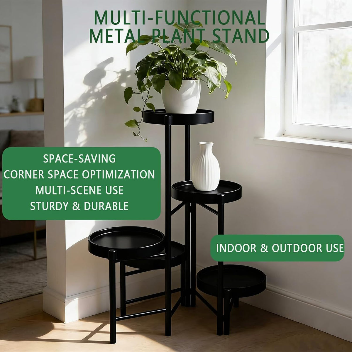 Plant Stand Indoor Outdoor, 5 Tier Corner Plant Shelf, Folding Metal Plant Stand for Living Room Office Garden Patio Balcony Black