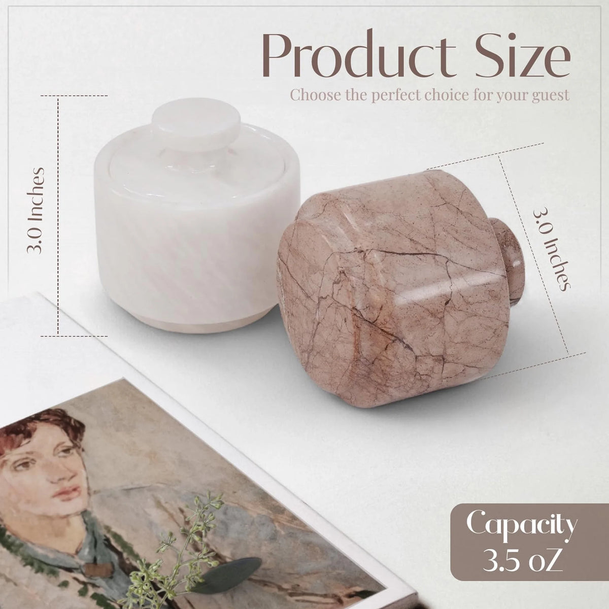 Marble Salt Cellar with Lid 3 Inches White and Marinara Handmade Salt Box Set of 2, Spice Jar for Kitchen Counter, Salt Holder, Sugar Bowl, Salt Dish, Salt Container for Housewarming Gift