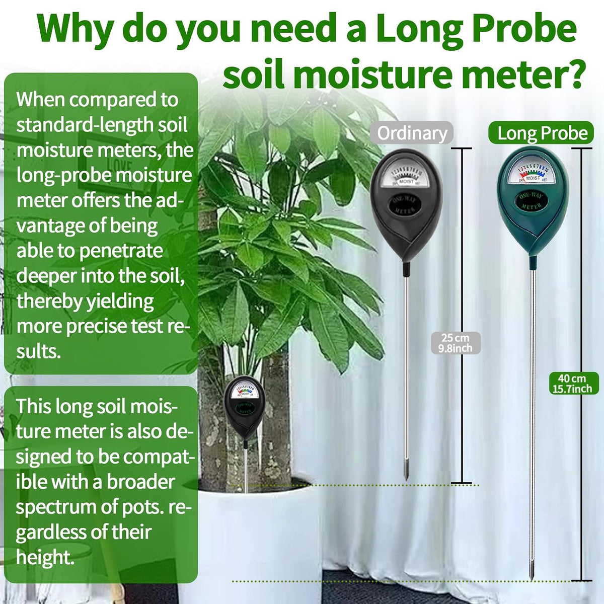 2 Packs Extended Long Probe Soil Moisture Meter, Long Probe Soil Moisture Meter for Plants, Plant Water Meter Soil Meter Moisture Sensor Hygrometer for Indoor Outdoor Plant Care, No Battery Needed