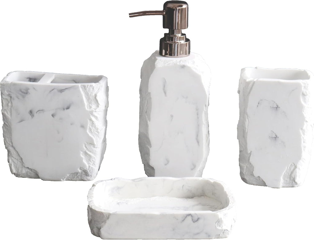 Marble Bathroom Accessories Set,Marble Design Toothbrush Holder,Farmhouse Bathroom Decor,4 Pcs Resin Gift Set Apartment Necessities, Contain Toothbrush Cup,Soap Dispenser,Soap Dish,Tumbler
