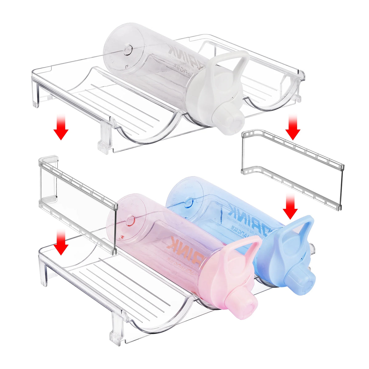 4 Pack Stackable Bottle Holder Storage Rack, Plastic Water Bottle Organizer, Clear