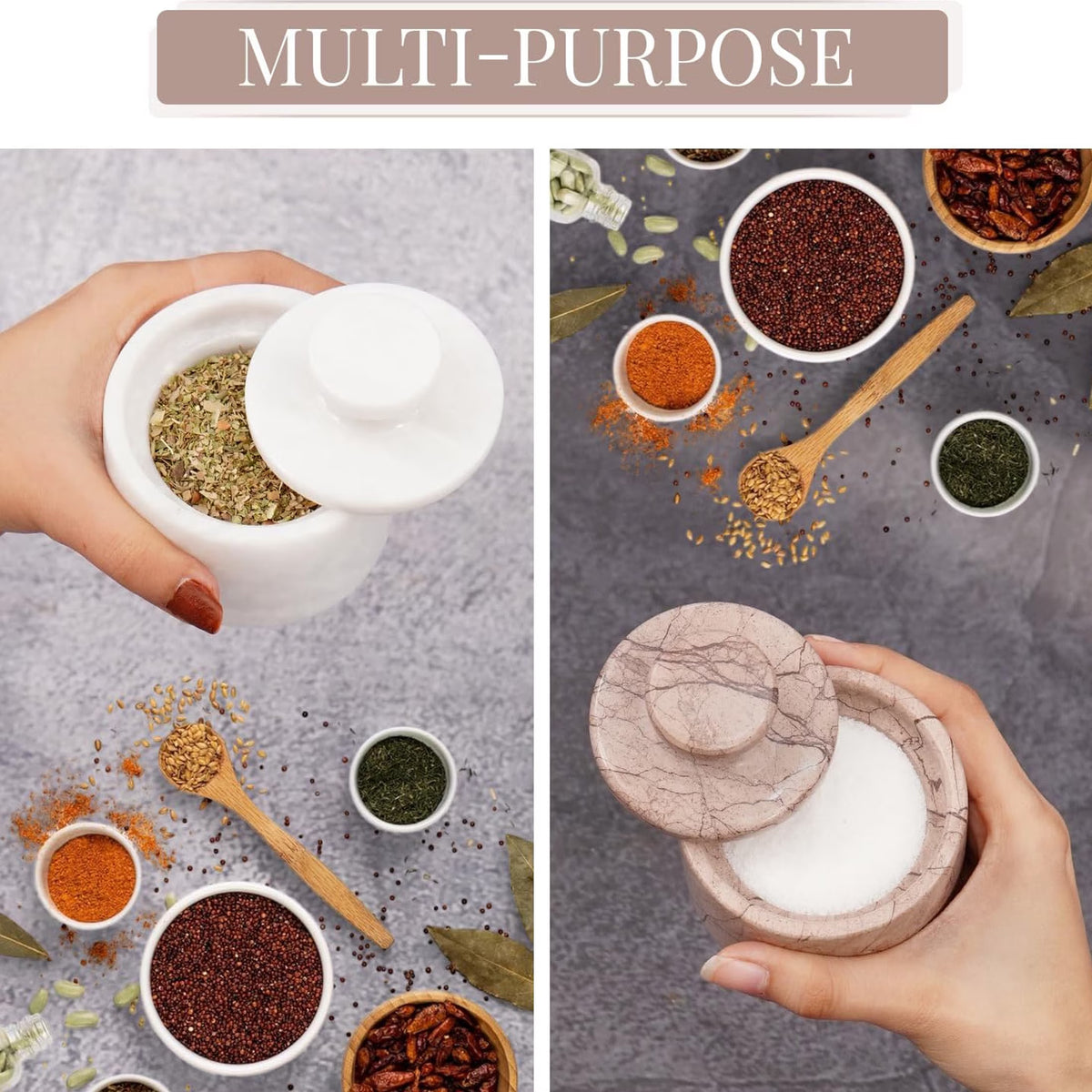 Marble Salt Cellar with Lid 3 Inches White and Marinara Handmade Salt Box Set of 2, Spice Jar for Kitchen Counter, Salt Holder, Sugar Bowl, Salt Dish, Salt Container for Housewarming Gift