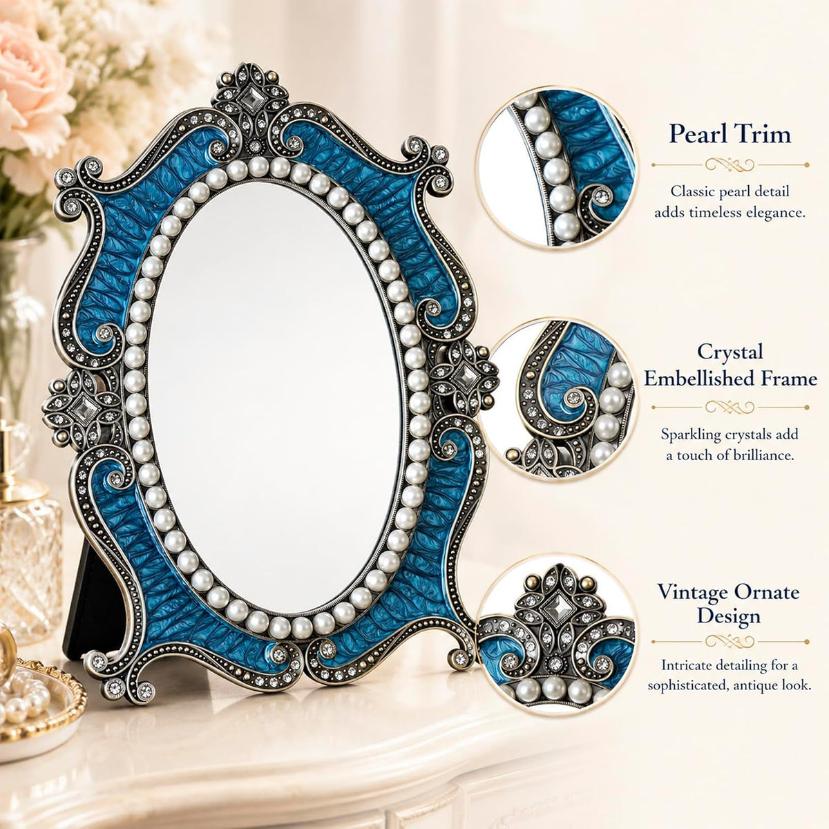 Vintage Desk Mirror Vanity Decor - Antique Small Table Decorative, Blue S | Art Nouveau with Stand, Cute Retro Frame, for Tabletop Office Bedroom Furniture Room Bathroom Home Wall Dresser Accessories